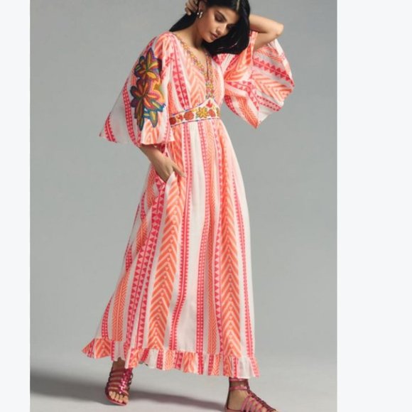 Farm Rio  Anthropologie Embroidered V-Neck Maxi Dress - Picture 1 of 9